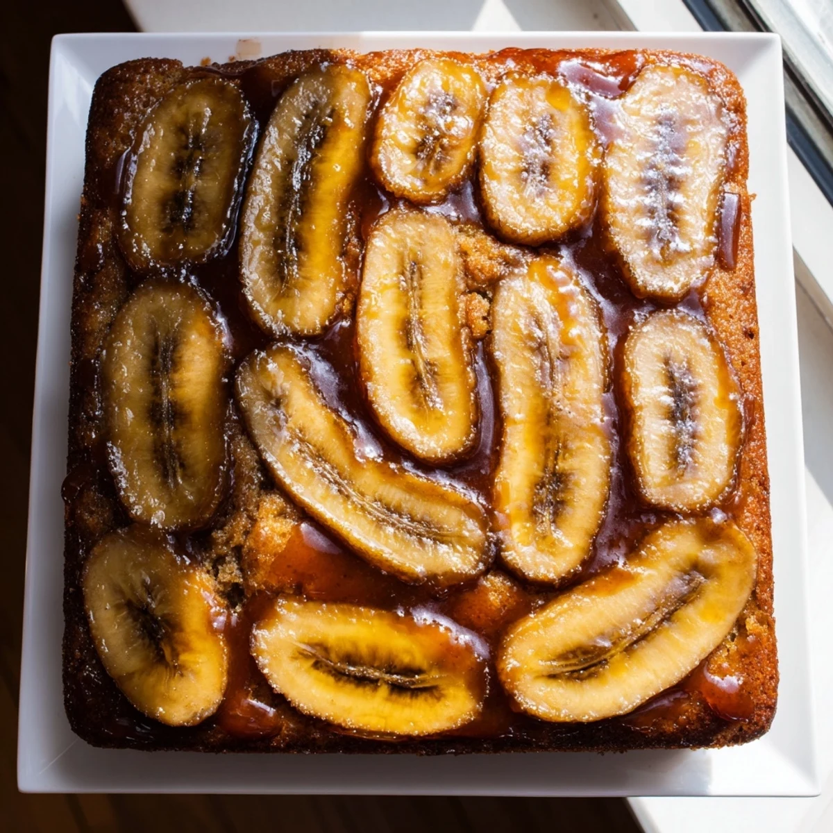 A warm, golden Banana Bread Cake, with a rich caramel topping and tender crumb, ready to serve.