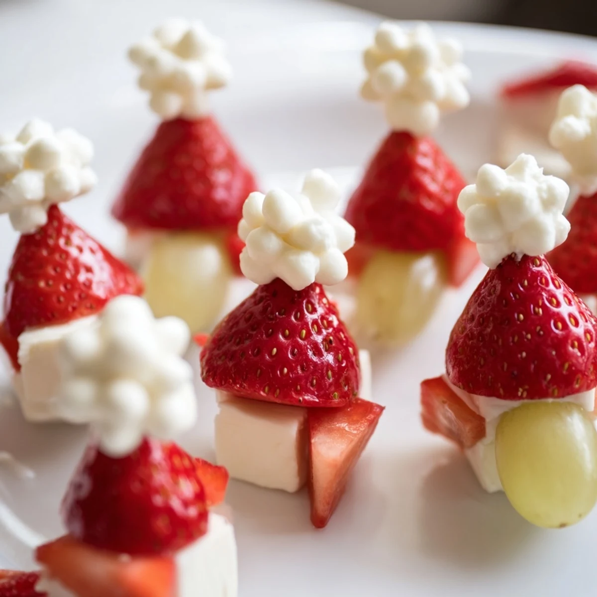 Festive Santa Hat Fruit and Cheese Platter on a platter with creamy cheese, fresh strawberries, and grapes.
