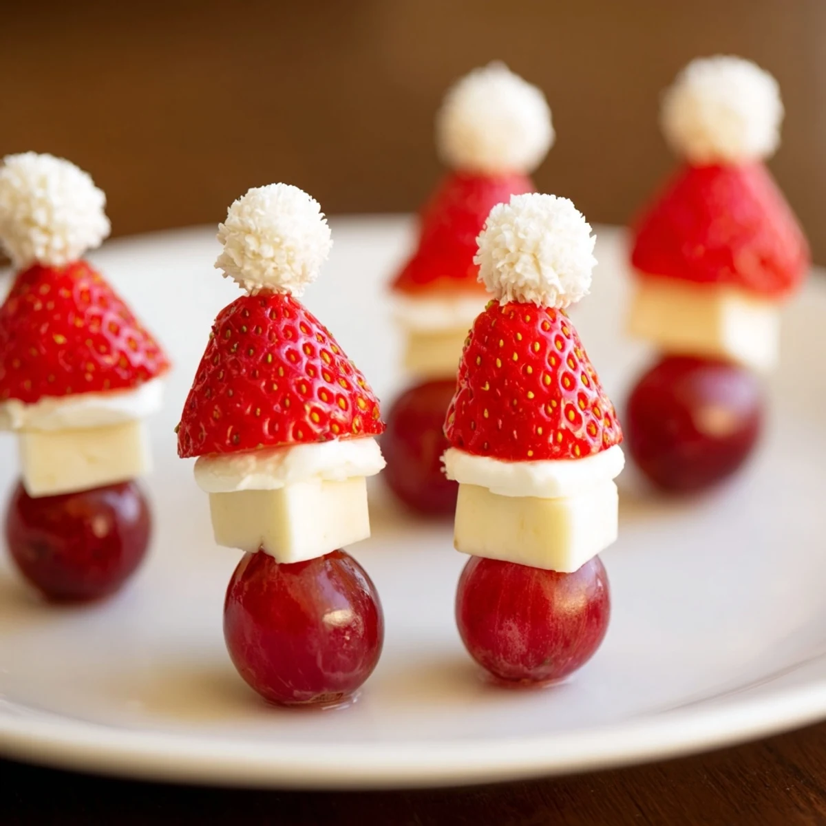 This Santa Hat Fruit and Cheese Platter features red and white delights—perfect for a holiday appetizer.