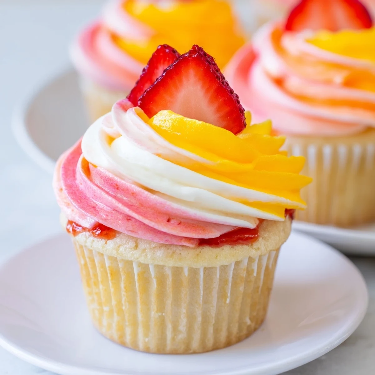 A close-up shot of fluffy Mango Strawberry Sunset Cupcakes frosted with a vibrant buttercream swirl.