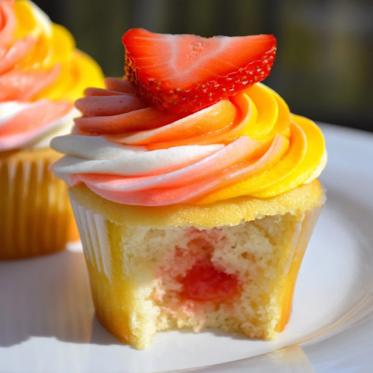 These delicious Mango Strawberry Sunset Cupcakes feature a bright sunset swirl and fresh fruit garnish.