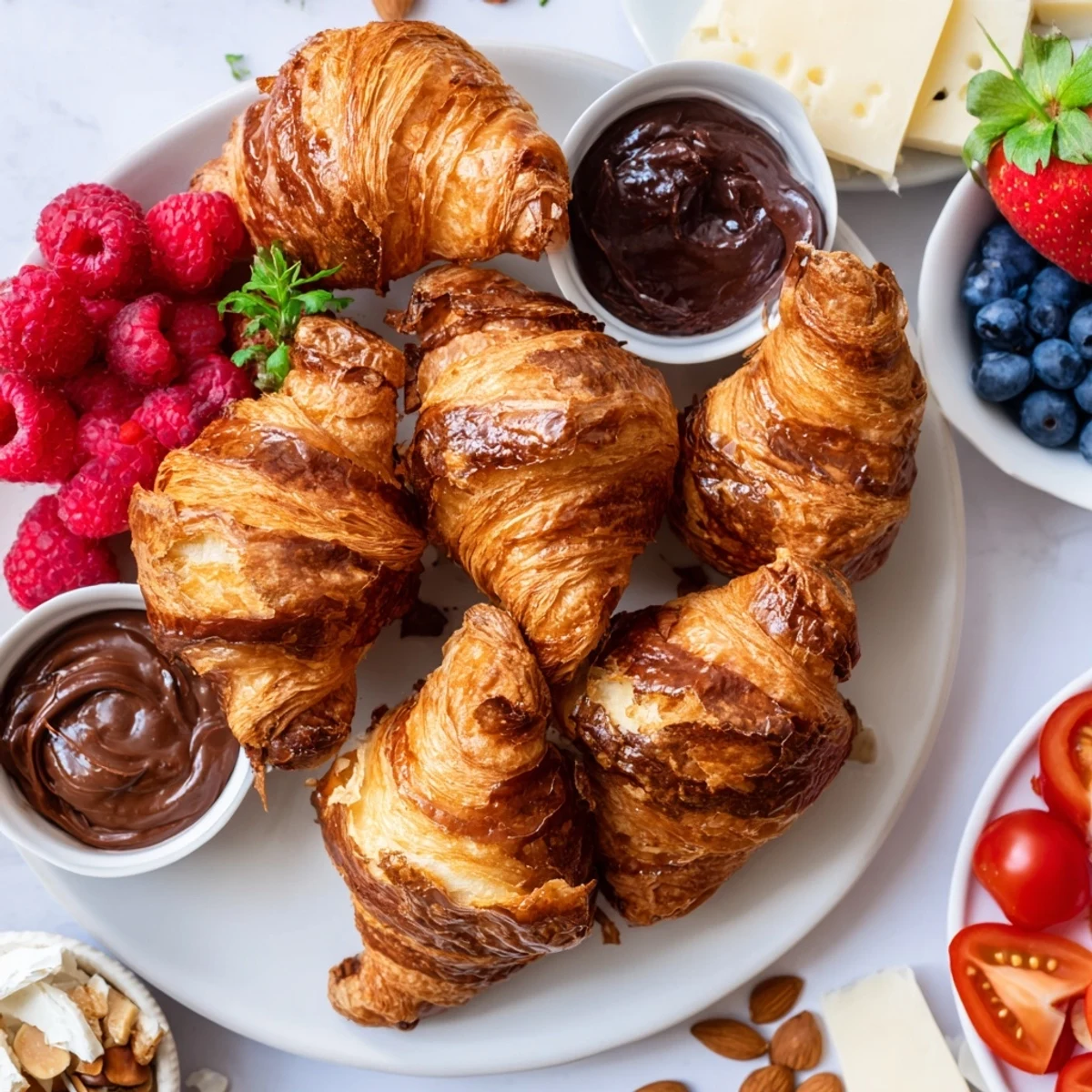 Flaky croissants piled high on a board with brie and jam: Cozy Fireplace Croissant Board ready to enjoy!