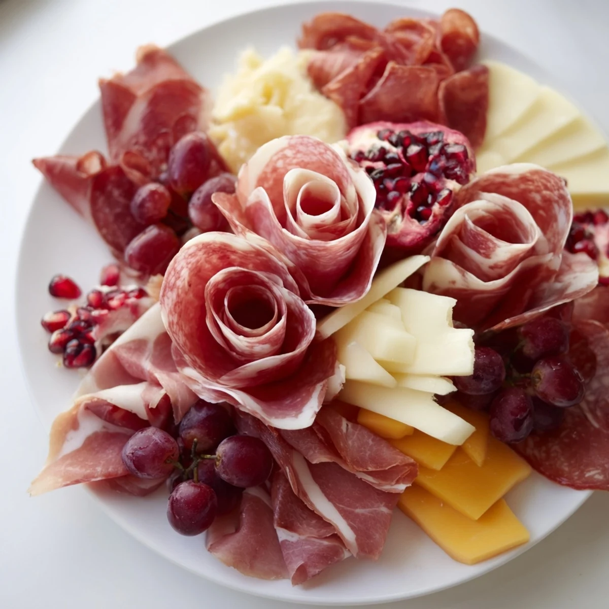 A gorgeous charcuterie board with meat rose bouquet, full of savory flavors for the holidays!