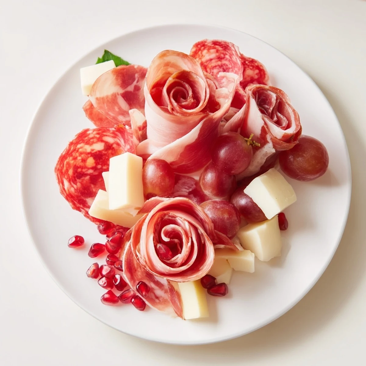 Holiday charcuterie centerpiece: a meat rose arrangement, surrounded by cheeses and fresh fruit.