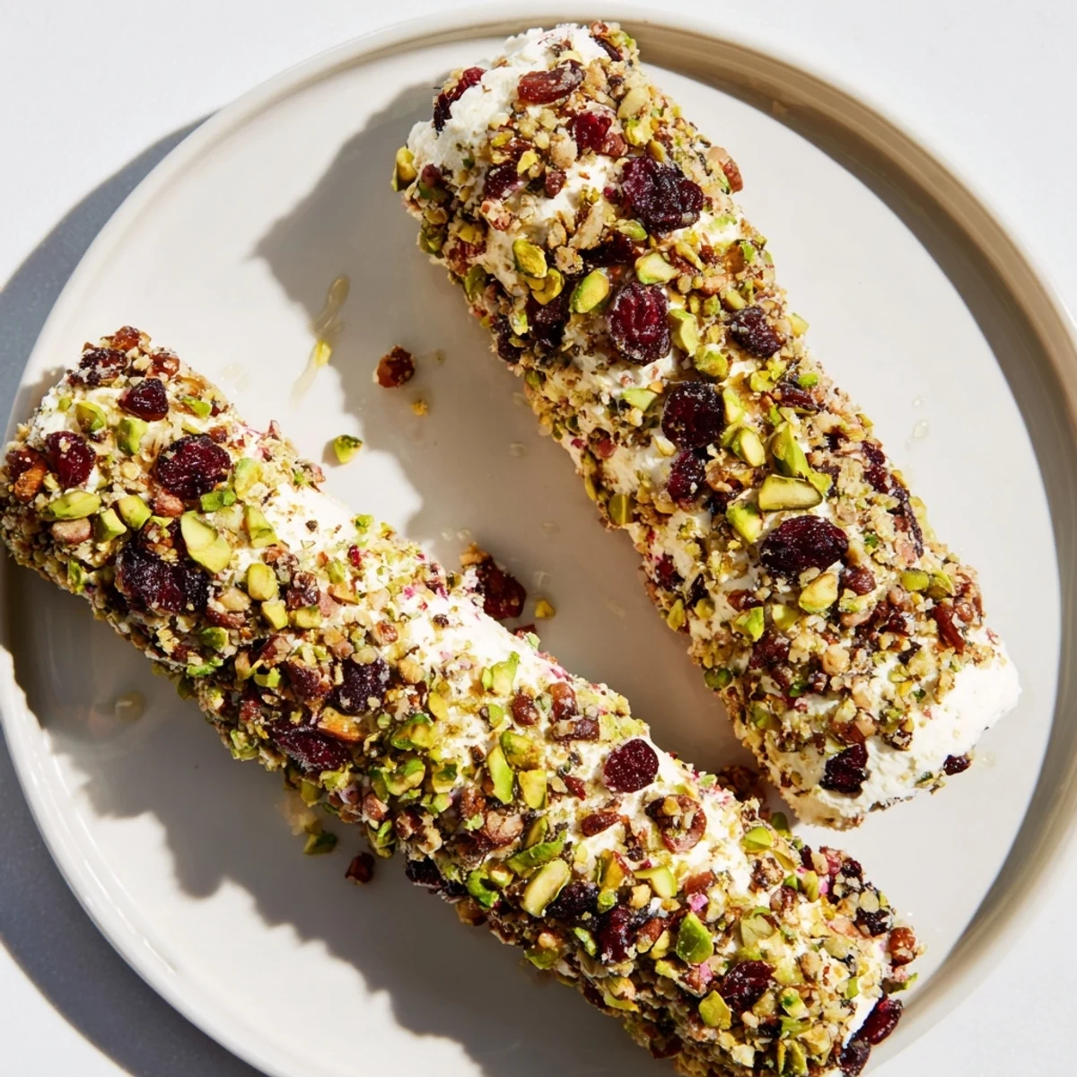 Cranberry Goat Cheese Logs beautifully displayed on a board, ready to be enjoyed with crackers.