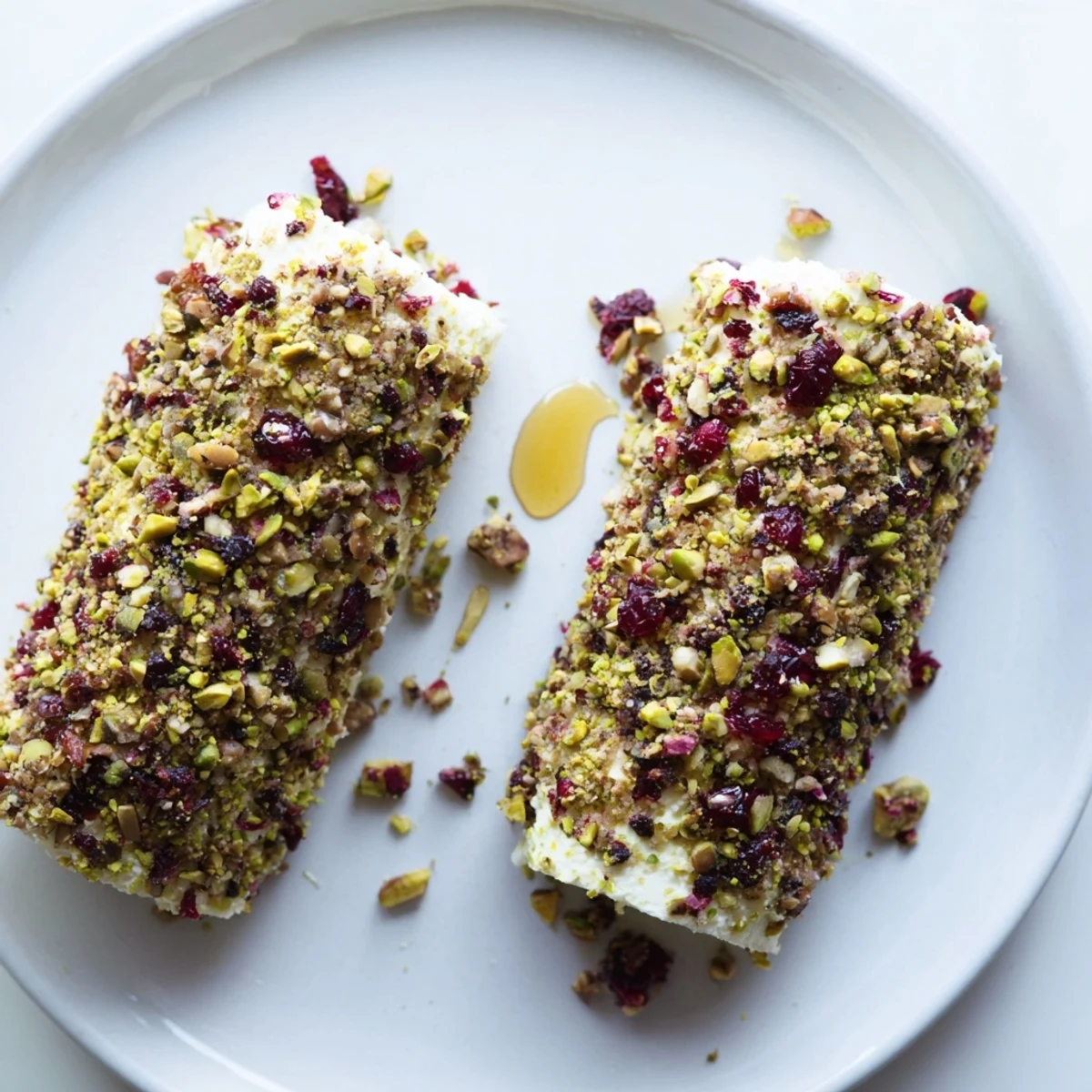 A close-up of festive Cranberry Goat Cheese Logs, with sweet cranberries and crunchy nuts.