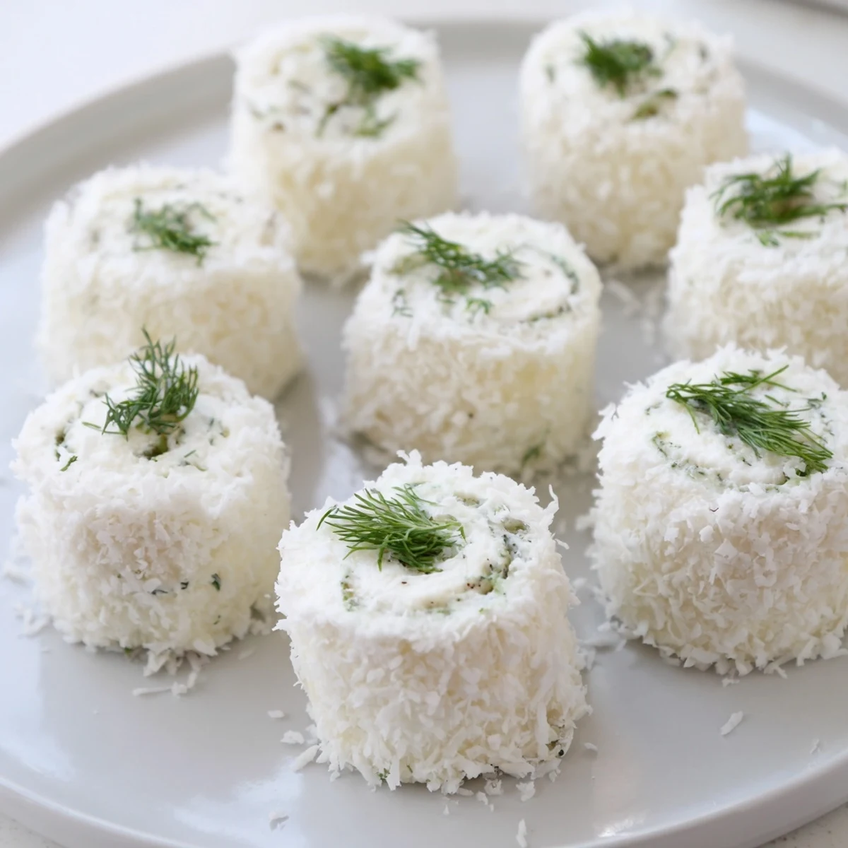 Snowball Tea Sandwich Bites, delicate and snow-covered, ready to be enjoyed at a winter tea party.