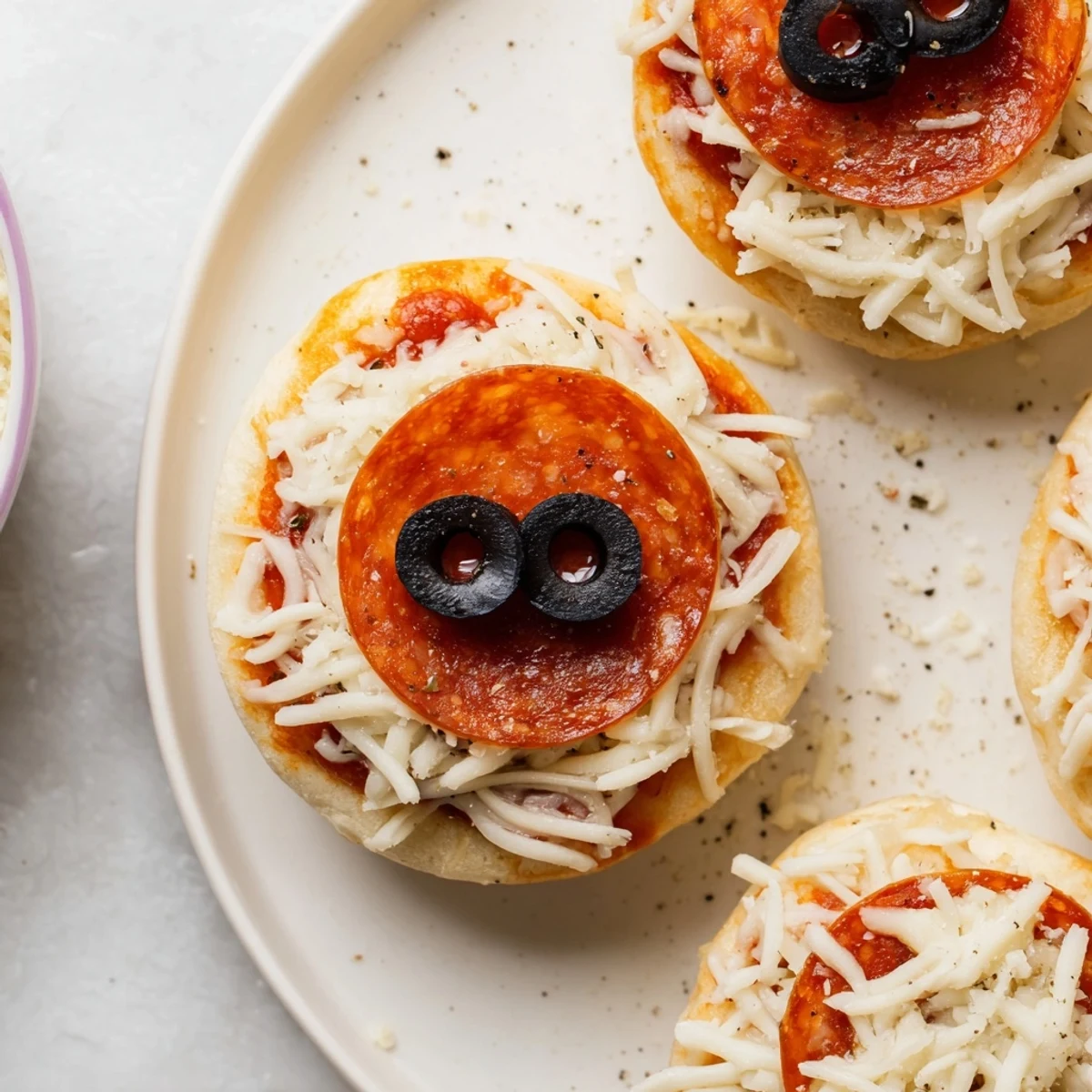 Santa Belt Mini Pizza Bites with melted mozzarella, pepperoni belts, and black olive buckles are ready to serve.