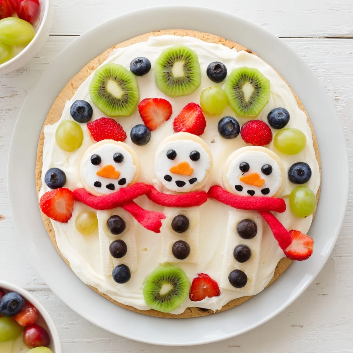 Melting Snowman Fruit Pizza: a festive dessert with creamy frosting, fresh fruit, and cheerful snowman faces.