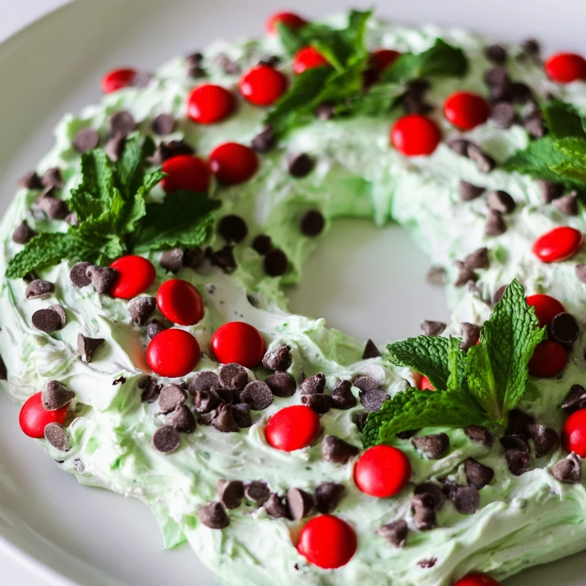 A beautiful holiday photo of a chilling Mint Chocolate Chip Dip Wreath with cookies and pretzel sticks ready to serve.