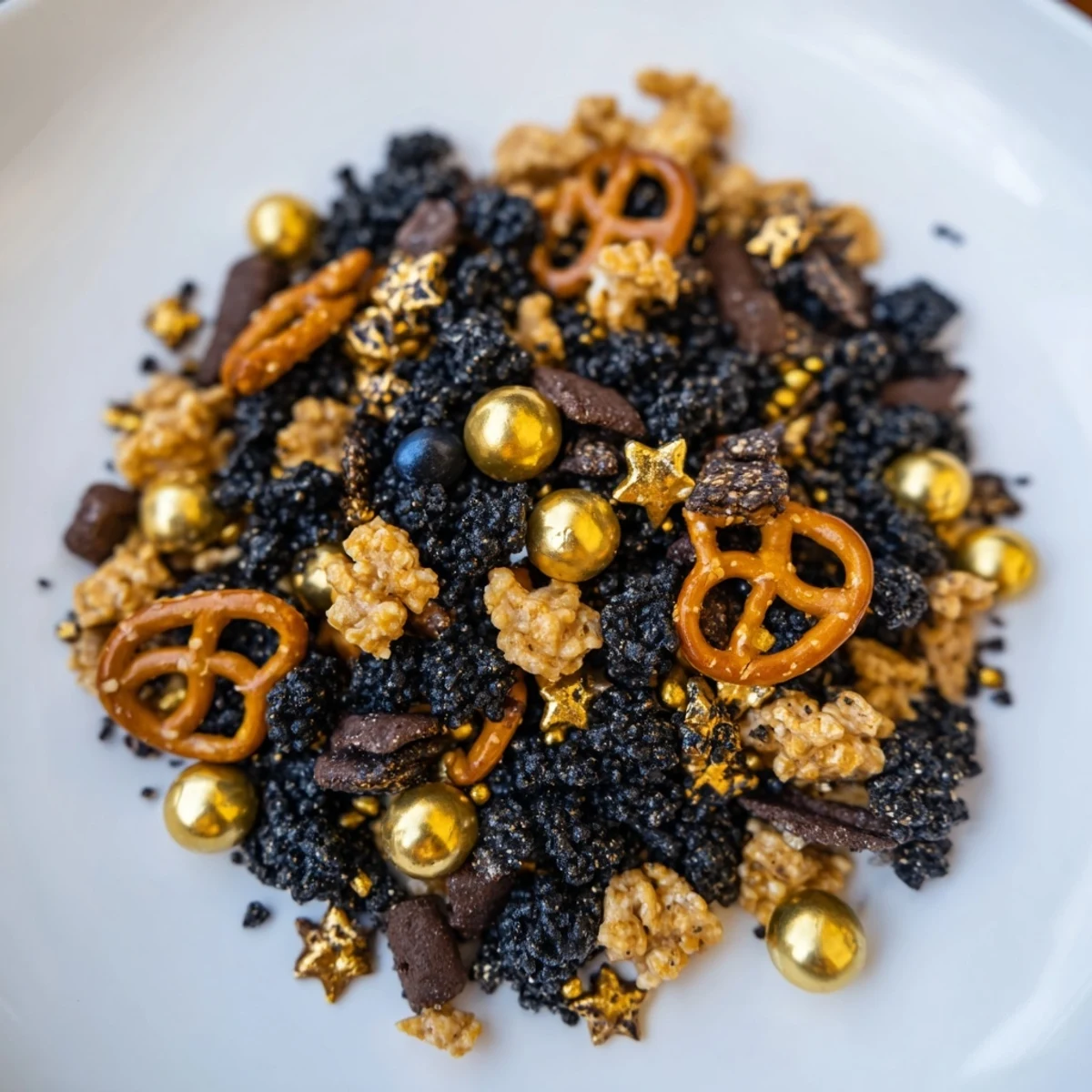 A bowlful of delicious Gold and Black Midnight Snack Mix with a crunchy texture.