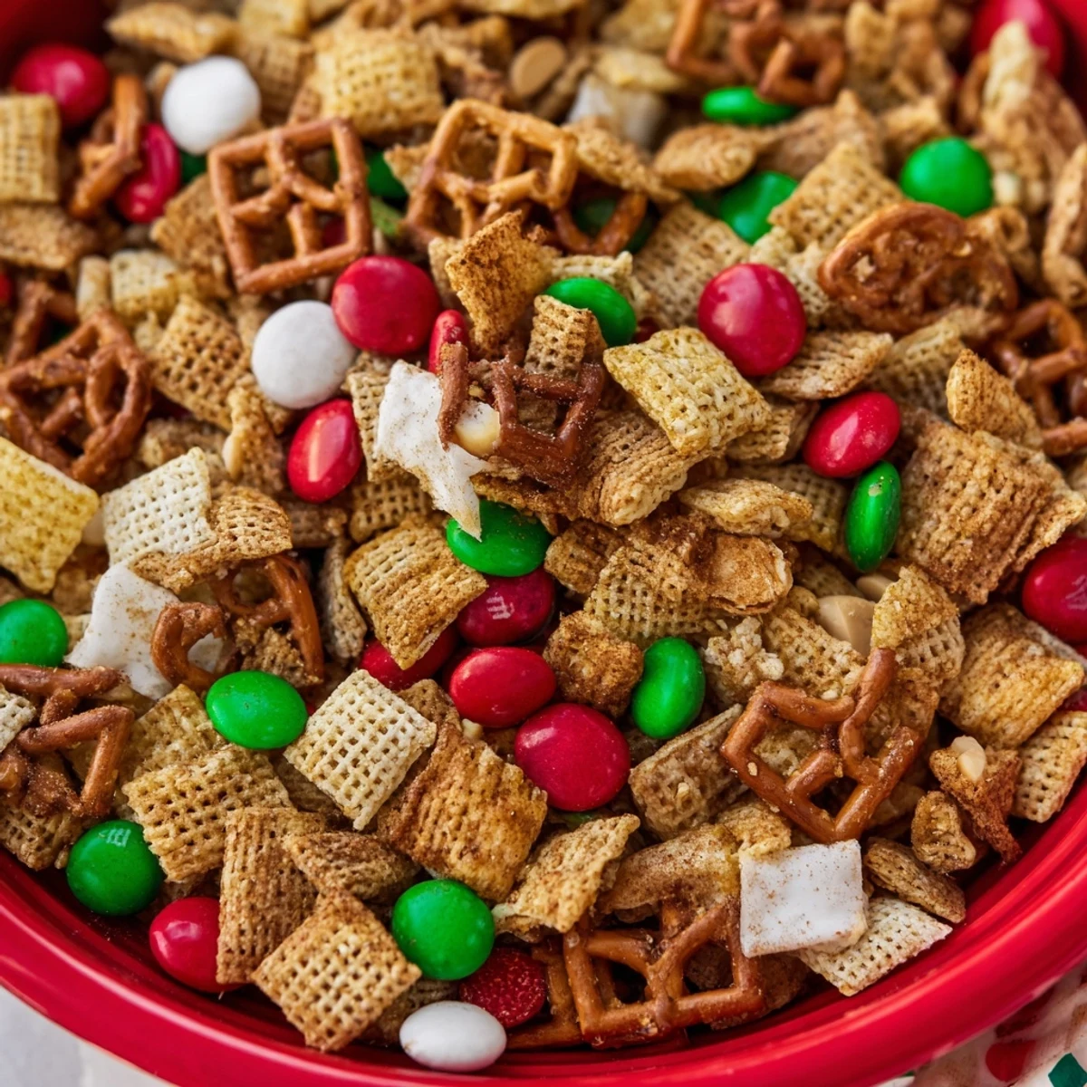 Holiday Mix with red and green candies, a crunchy, sweet-and-salty snack perfect for sharing.
