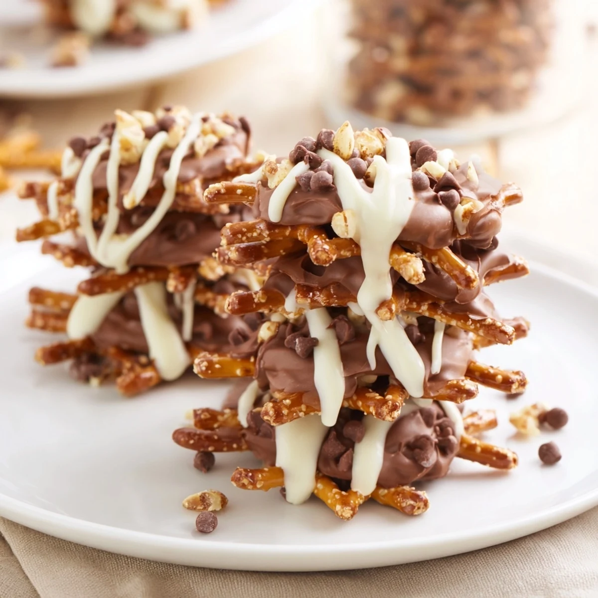 A stack of chocolate-covered pretzel sticks glistening from drizzled white chocolate, a delightful treat.