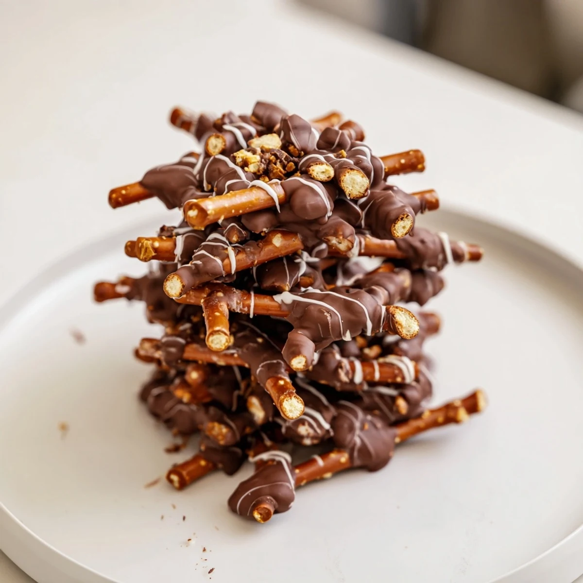These easy chocolate covered pretzel stick stacks are visually appealing, featuring a mix of dark and white chocolate.
