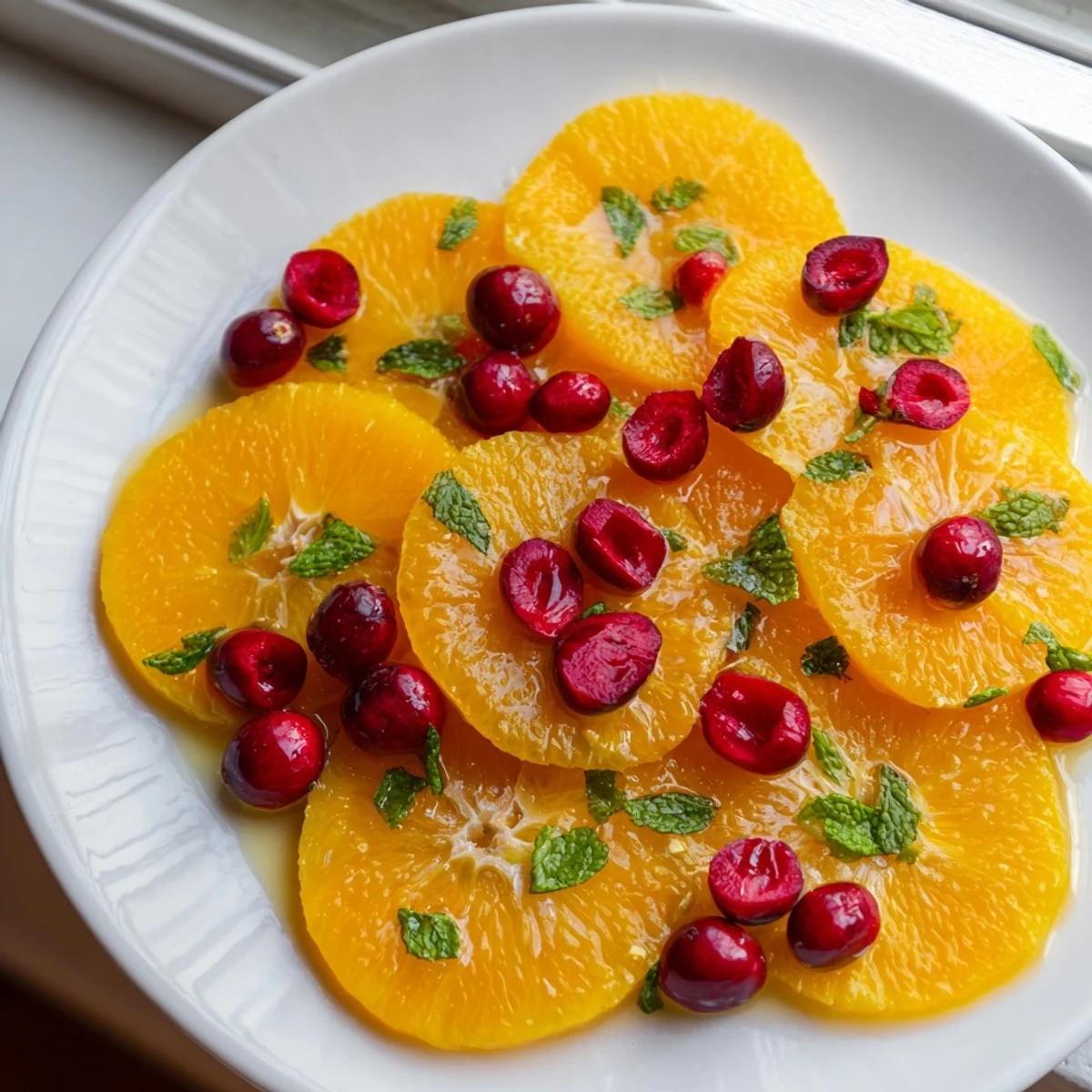 Juicy orange slices and tart cranberries scattered; a refreshing Winter Fruit salad ready to serve.