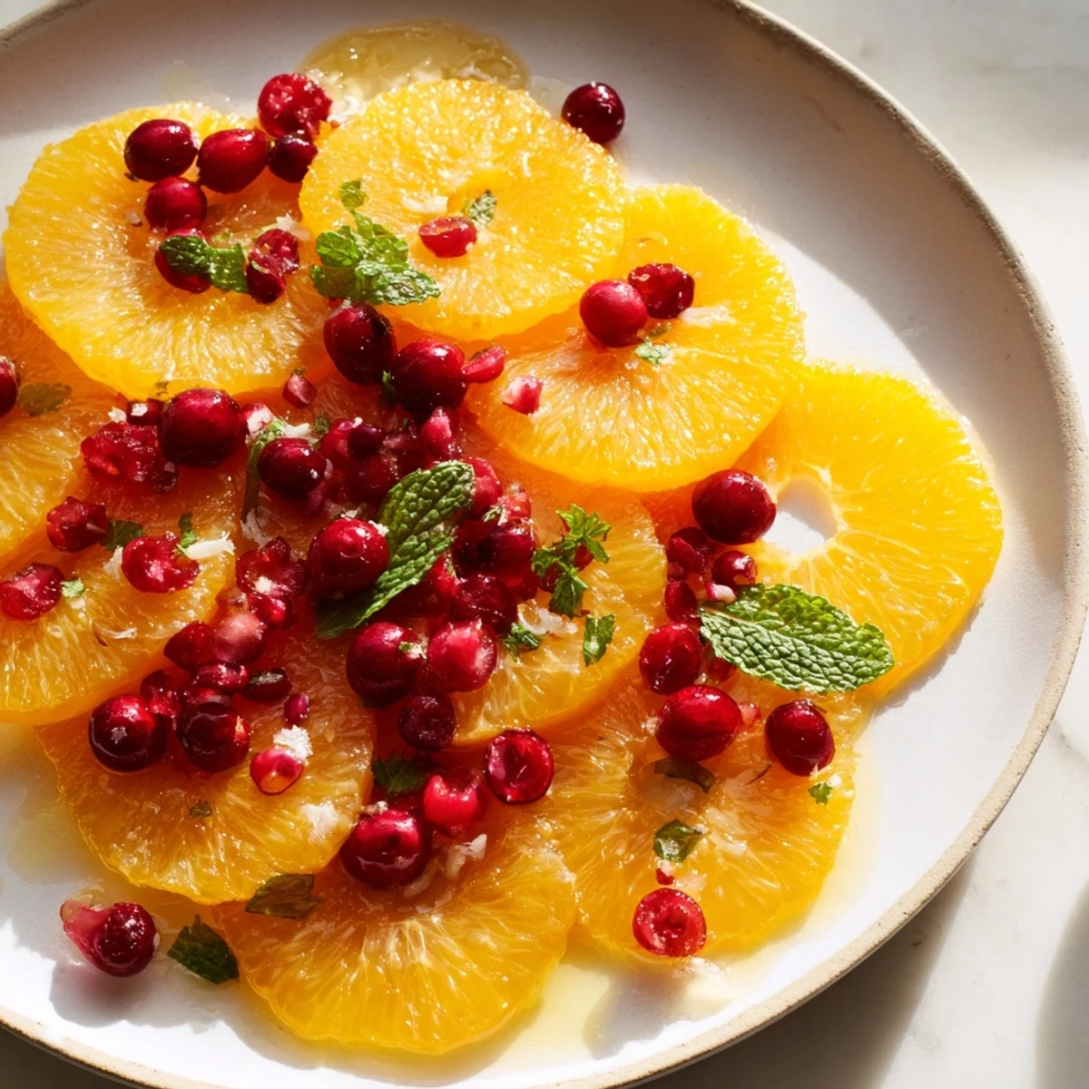 Brightly colored Winter Fruit salad with vibrant orange rounds and cranberries, drizzled with lime.
