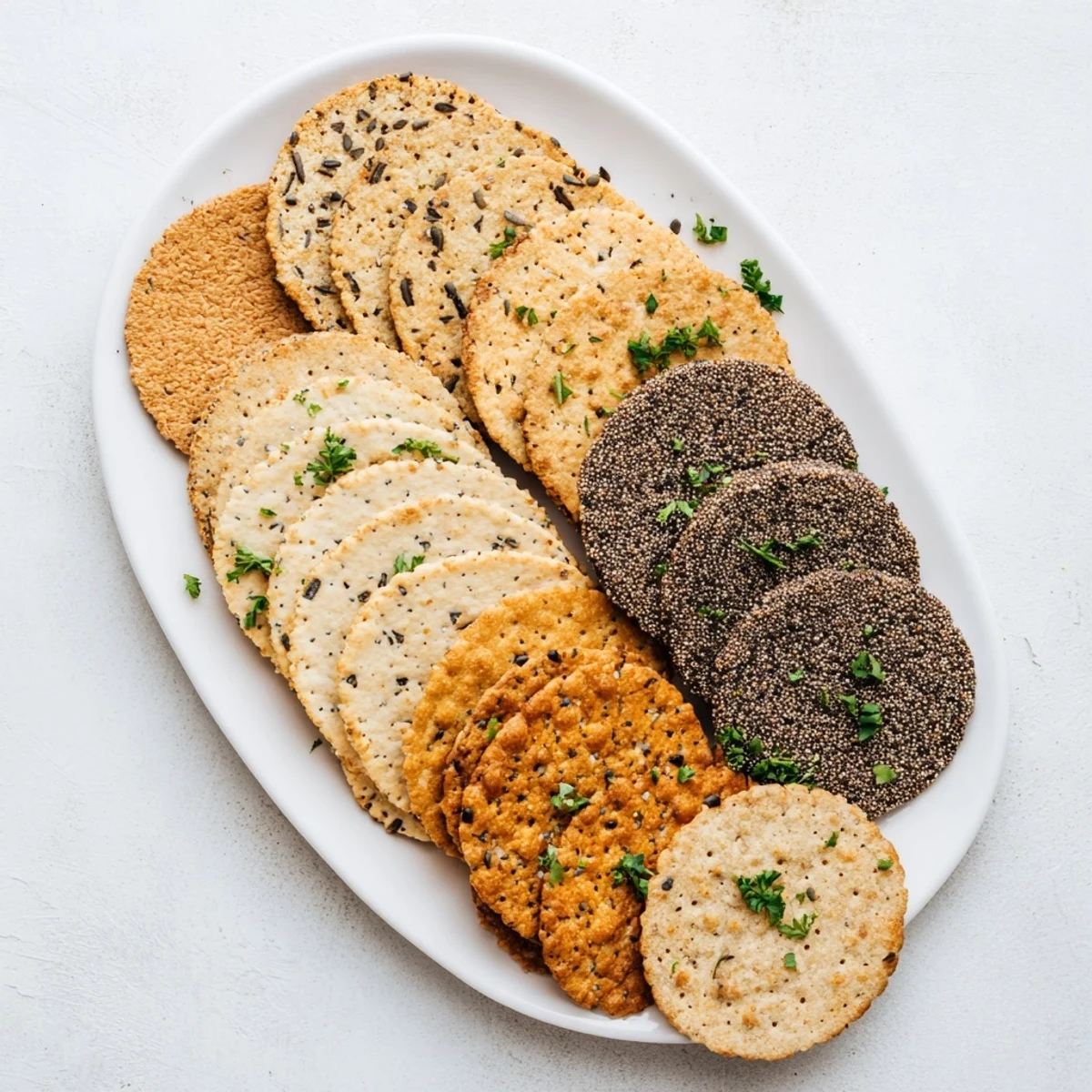 Gourmet crackers fan, arranged on a platter, ready to be paired with cheese and dips for snacking.