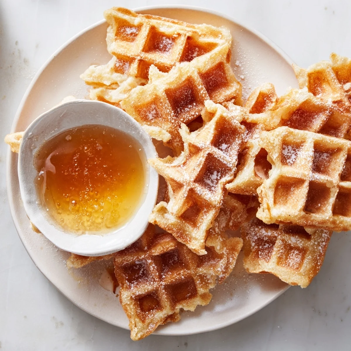 Golden brown waffle quarters beside a sweet syrup dip, ideal for enjoying a flavorful breakfast.
