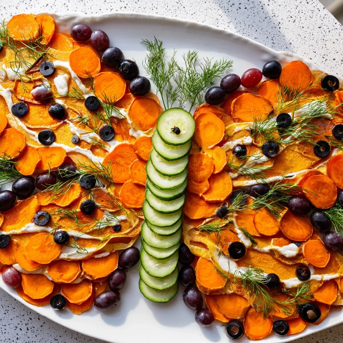 Vibrant Monarch Butterfly Wings appetizer platter with colorful roasted vegetables and cheeses for sharing.