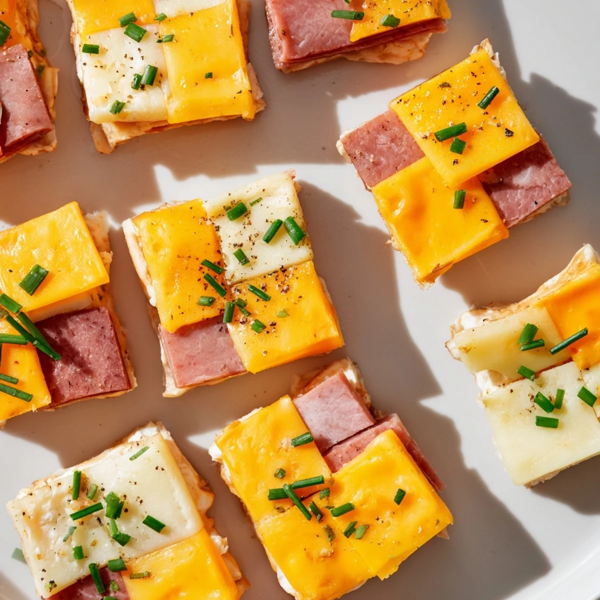 Gaze at the appealing Checkerboard Picnic Bites, a perfect appetizer with contrasting meats and cheeses arranged beautifully.