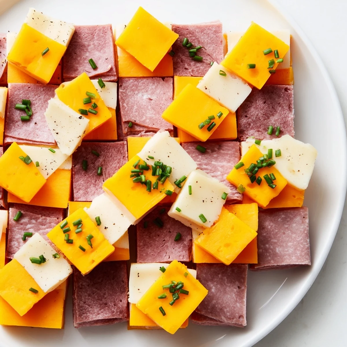 Checkerboard Picnic Bites displaying a colorful arrangement of meats and cheeses, perfect for any party snack.