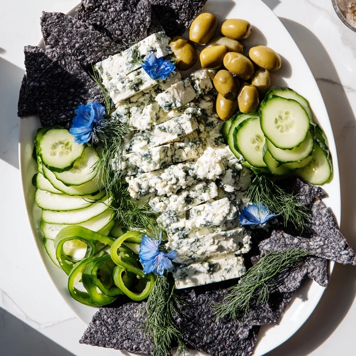 A stunning Deep Sea Ocean Wave platter, brimming with blue cheese and crisp, green vegetables.