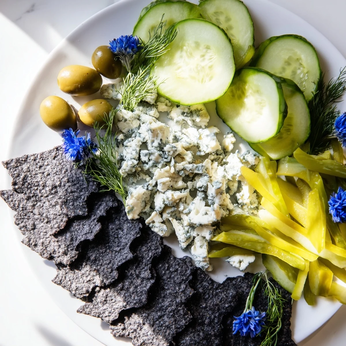 Vibrant Deep Sea Ocean Wave appetizer ready to eat, artfully arranged with fresh fruit and olives.