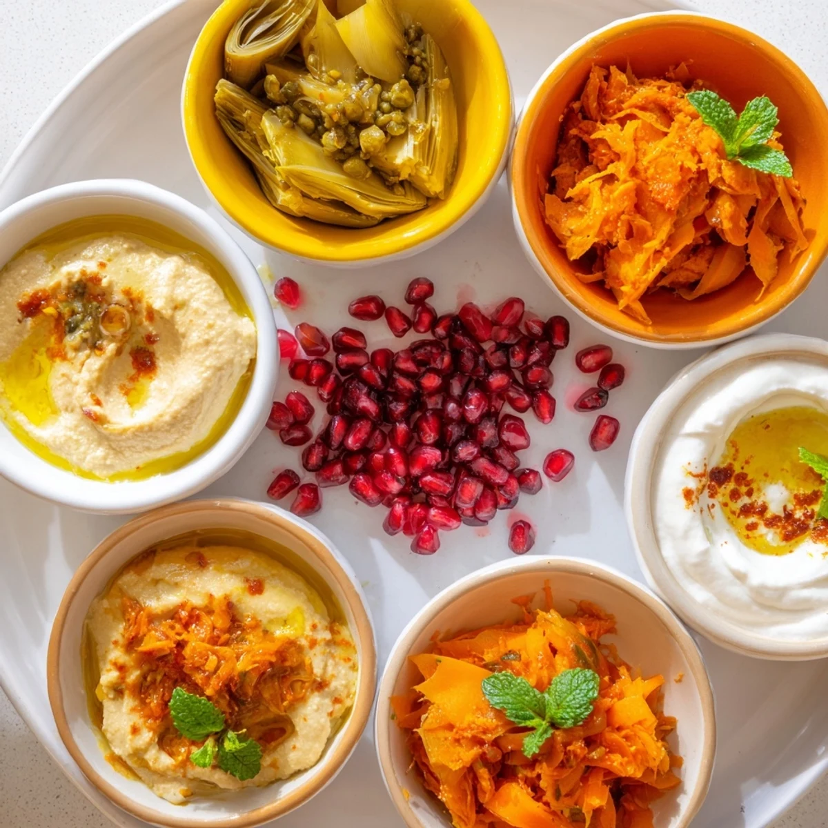 Colorful bowls showcasing a Moroccan Tile Mosaic appetizer, filled with dips, olives, and vibrant veggies.