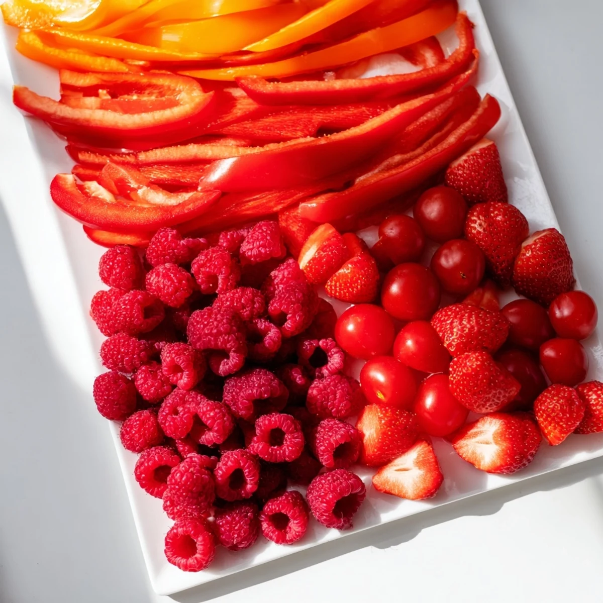 Fresh ingredients on a Rainbow Pride Spectrum board, showcasing the rainbow's vibrant colors with fruits and snacks.