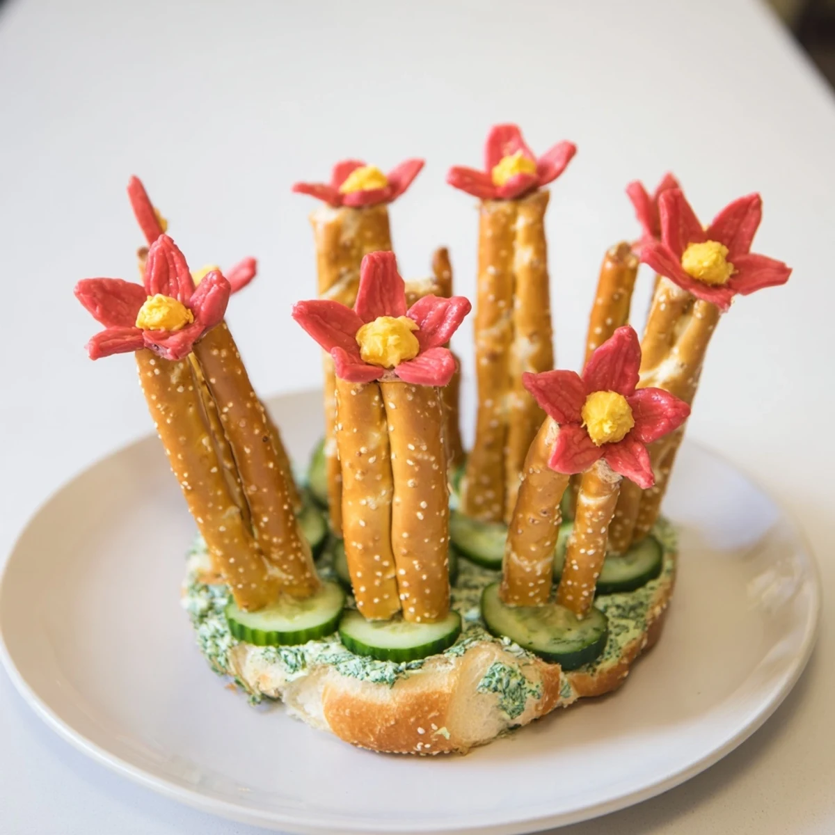 Savory Desert Cactus Bloom appetizer, a creative arrangement with pretzel "needles" and fruit leather flowers.