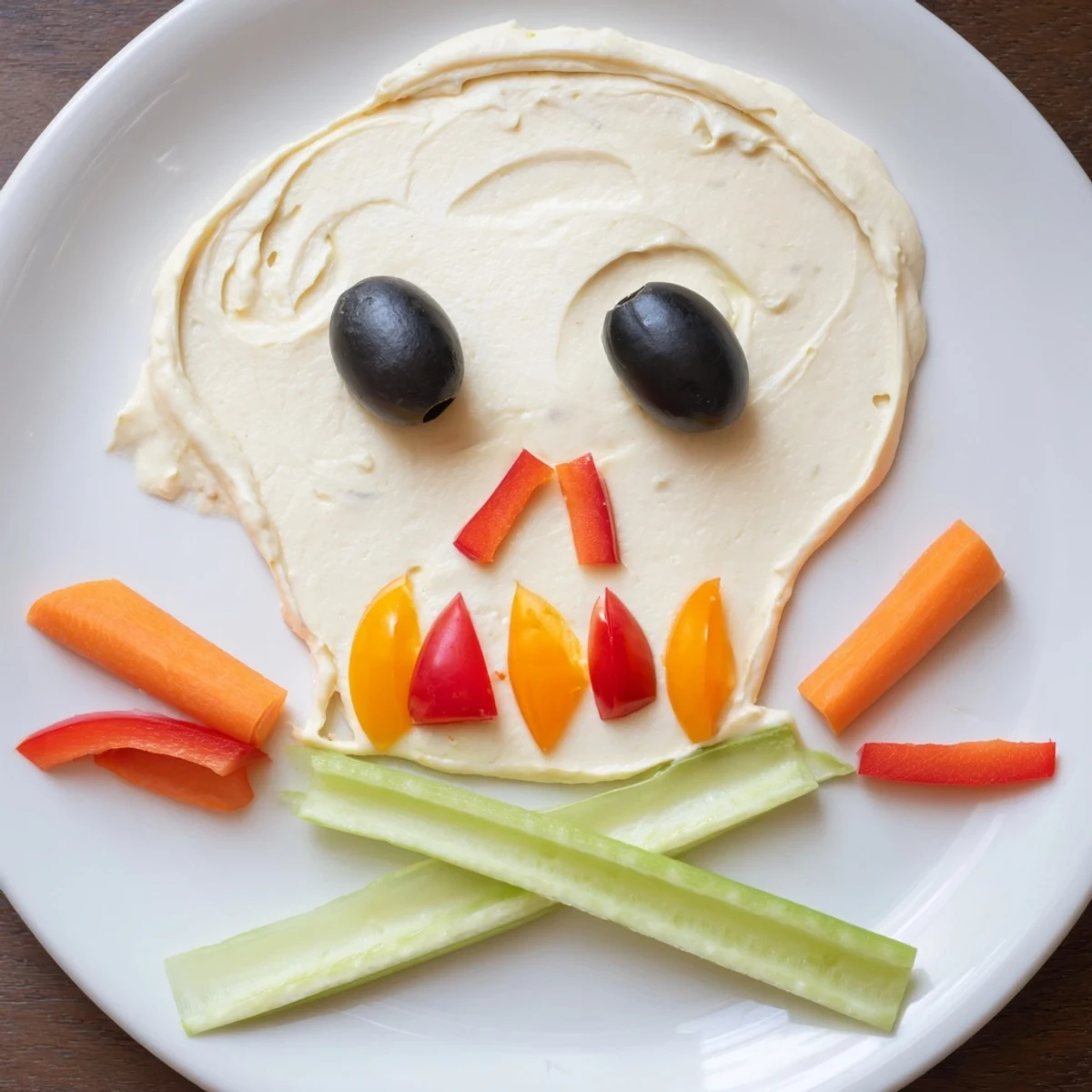 A creamy Skull & Bones Spooky Spread features a festive veggie skull on a platter for Halloween fun.