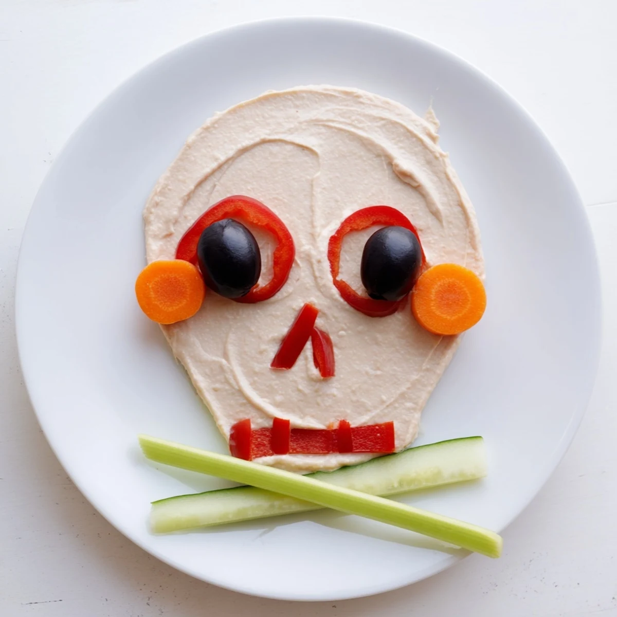 This spooky Skull & Bones Spooky Spread showcases a creamy, vegetable-decorated appetizer perfect for your Halloween party.