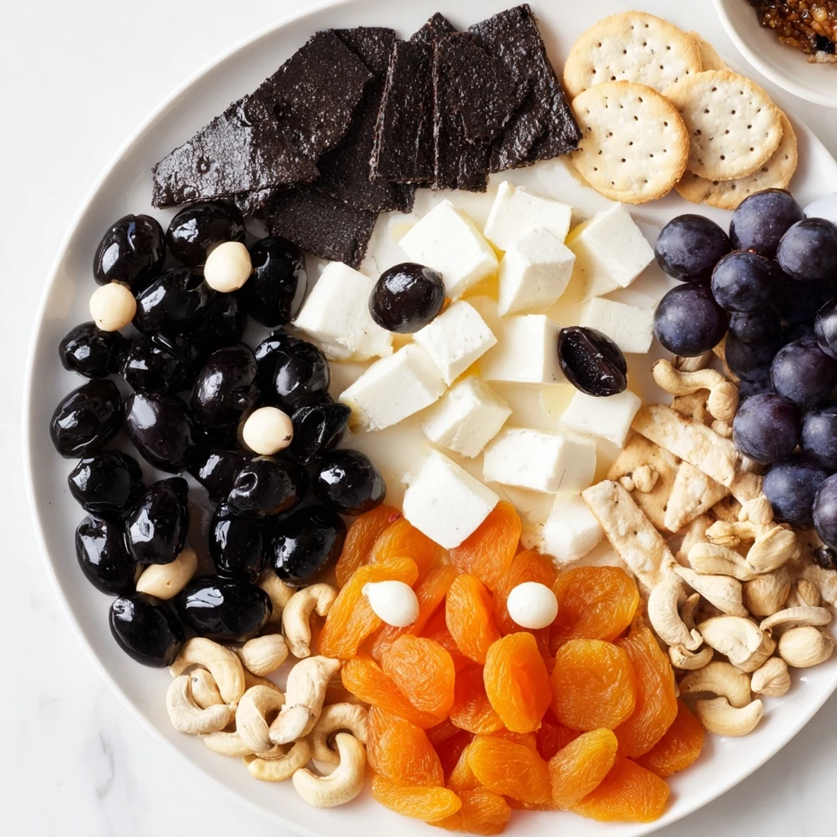 Yin and Yang Balance Board: a colorful appetizer platter with dark olives and creamy white cheese, beautifully arranged.