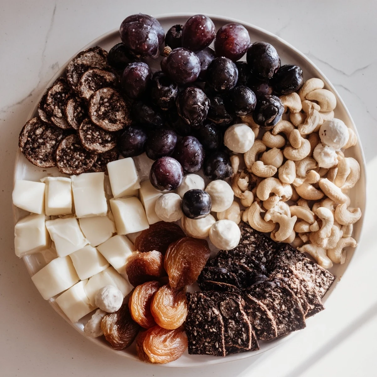 Savor the delightful Yin and Yang Balance Board, a vegetarian platter with dark rye crackers and fresh, white cheese.