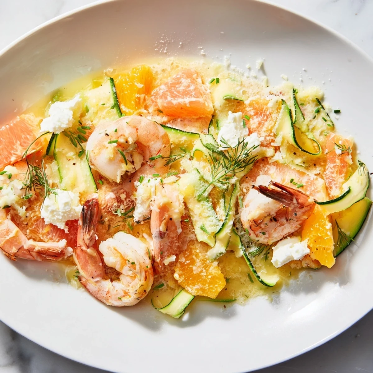 Beautiful The Coral Reef dish with pink shrimp, citrus, and bubbling Gruyère, ready to serve.