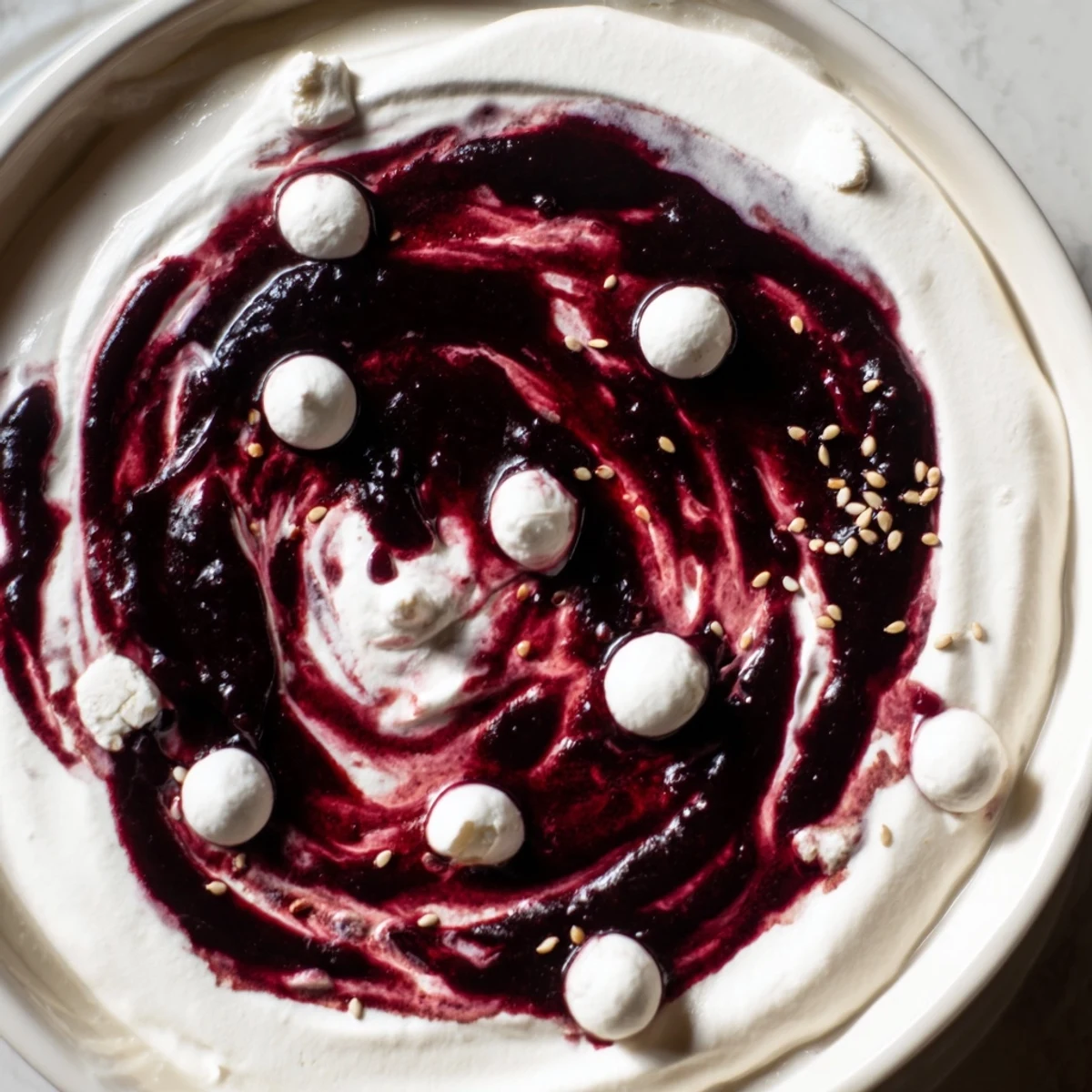 This Galaxy Spiral dessert shows a beautiful swirl of dark jam against yogurt, sprinkled with sesame seeds.