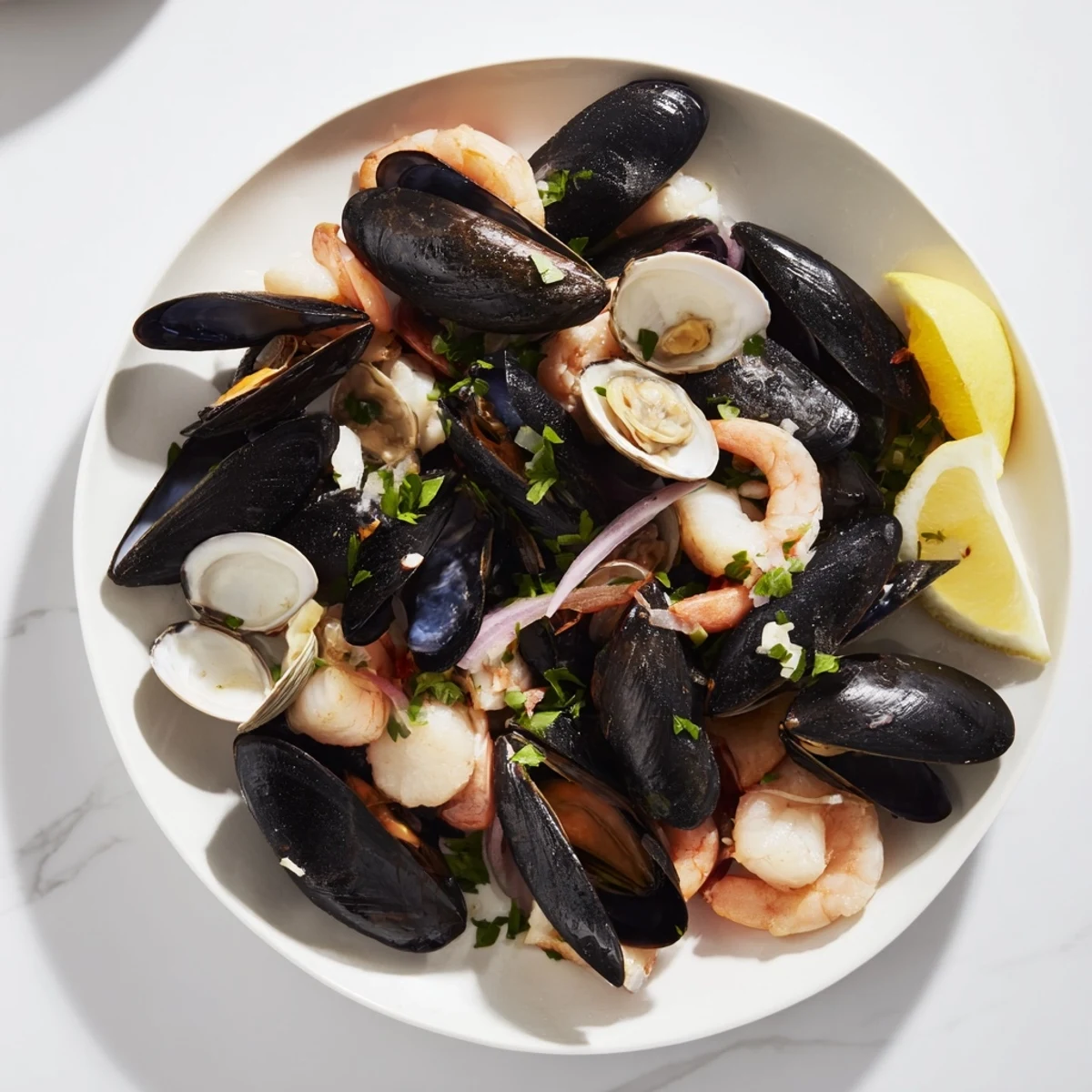 Tender shrimp and scallops in this vibrant Shellfish & Seafood Medley, cooked with white wine and garlic.