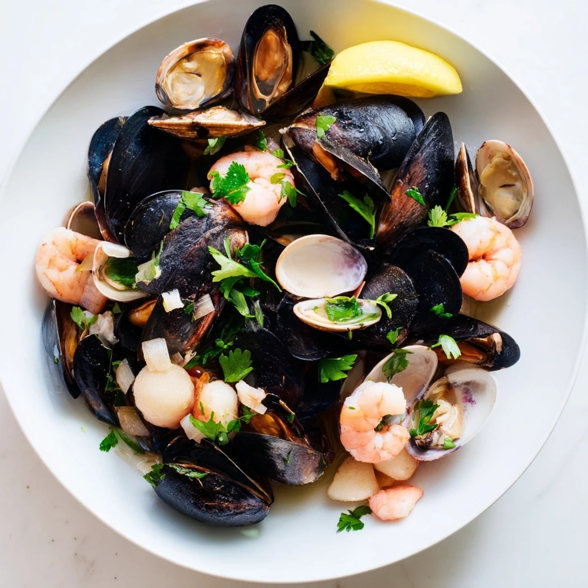 A steaming bowl of Shellfish & Seafood Medley, bursting with flavors and fresh herbs, ready to serve.