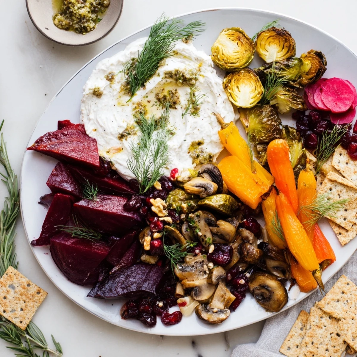 A beautifully arranged Pine Forest Winter Mezze Board, filled with roasted veggies and vibrant garnishes.