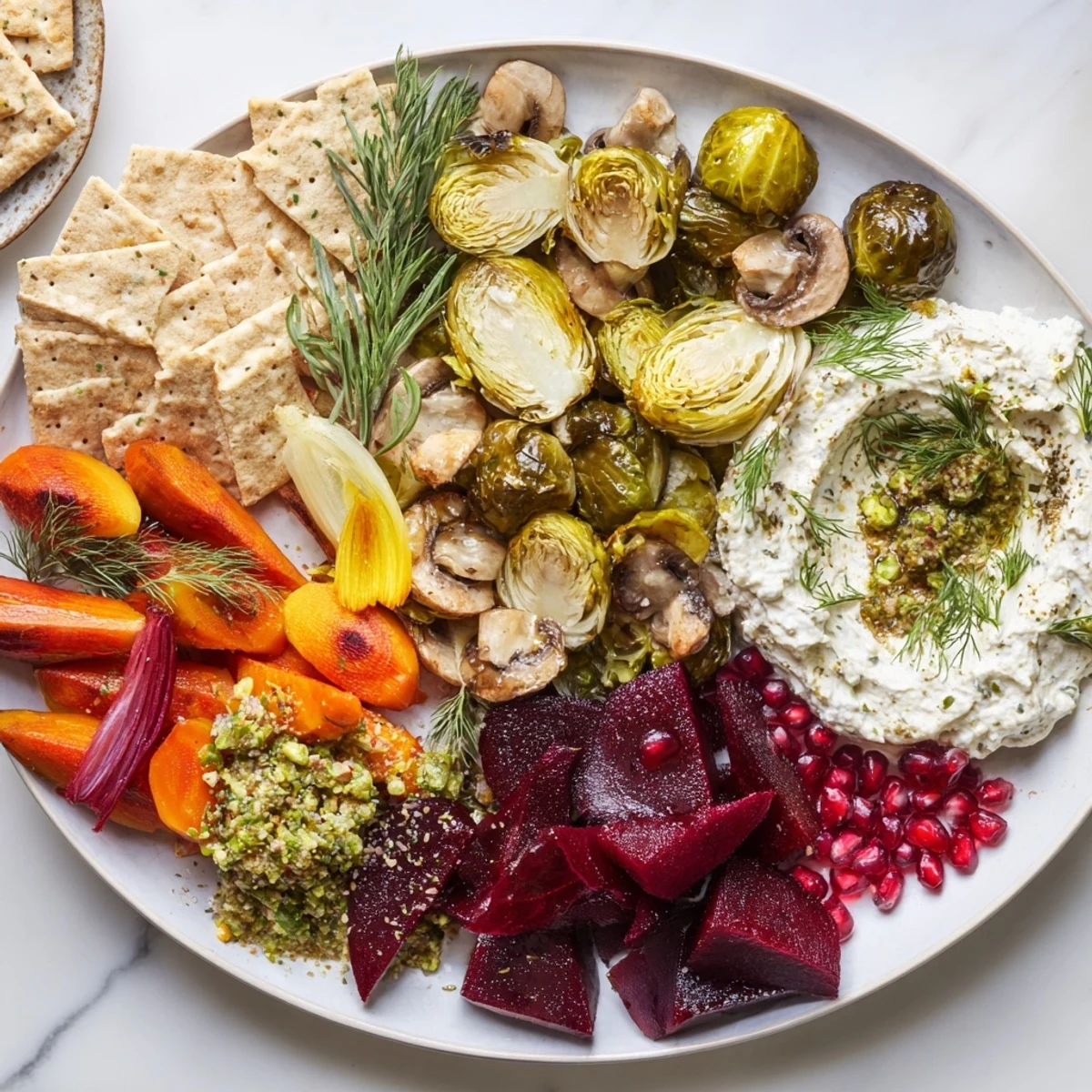 Crisp crackers surround this Pine Forest Winter Mezze Board, showcasing a feast of Mediterranean-inspired flavors & textures.