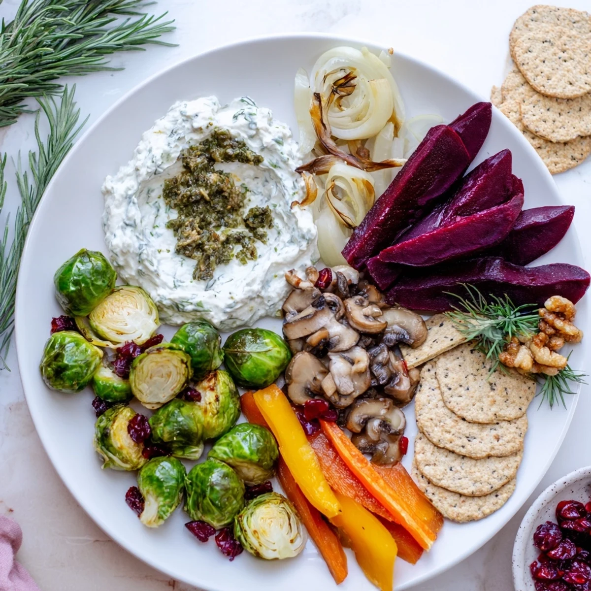 Earthy tones burst from this Pine Forest Winter Mezze Board, a delicious vegetarian appetizer perfect for sharing.