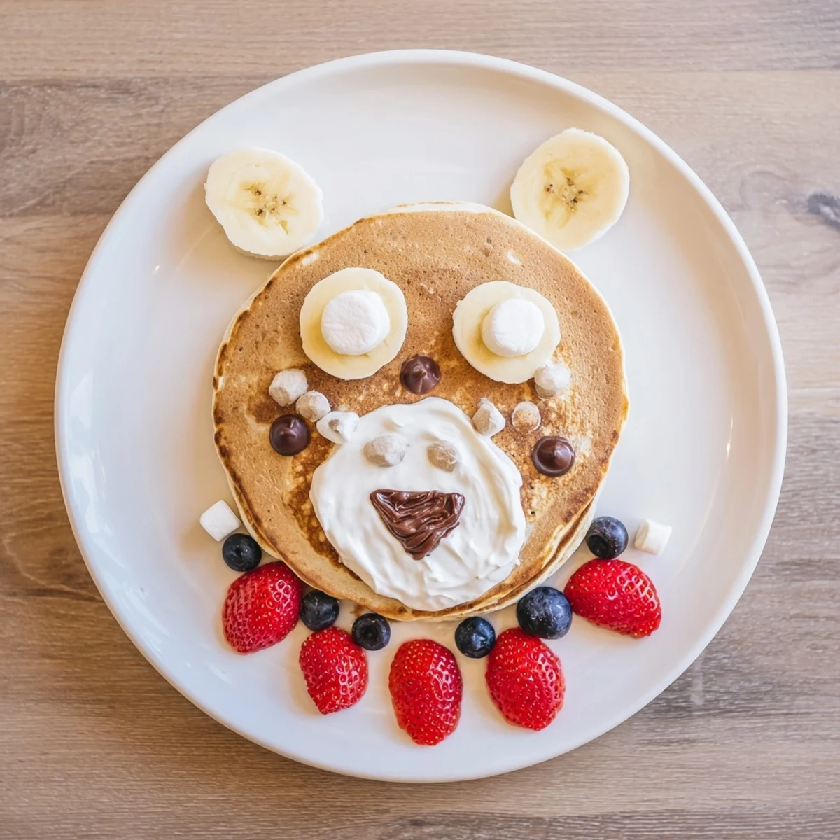 Fluffy Polar Bear Pancake Stack Board with fresh fruit, drizzled maple syrup, and decadent chocolate spread.