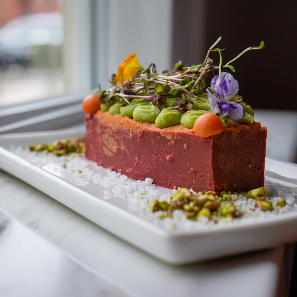 Artful plating of The Modernist Stripe showcases layered vibrant vegetable purées across a clean board.