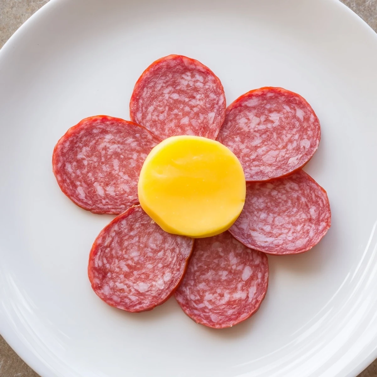 Vibrant Tudor Rose with five salami petals encircling a yellow cheese center, perfect as a party appetizer.