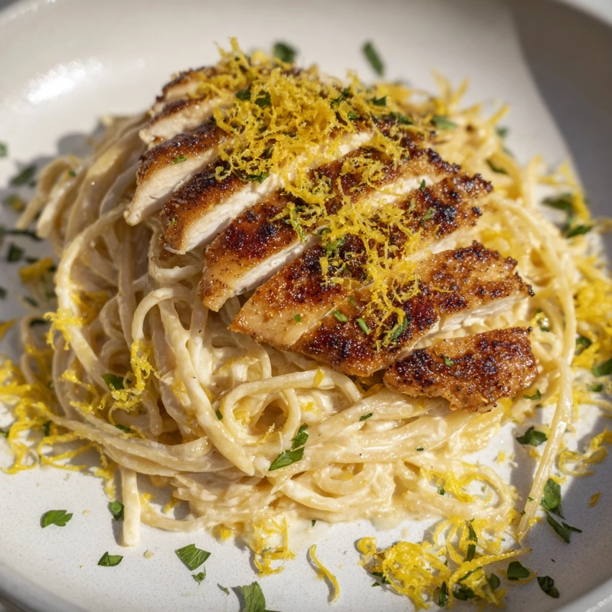 Golden-crusted lemon brûlée chicken slices atop creamy pasta, a savory take on a dessert-inspired dish.