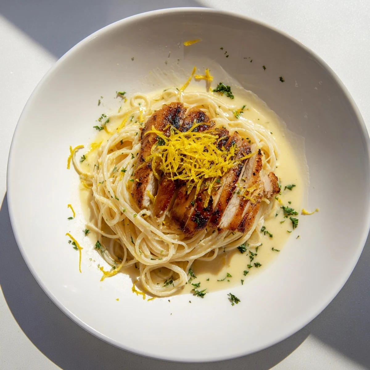 A close-up of pasta with lemon brûlée chicken shows off the caramelized sugar topping and fresh parsley garnish.