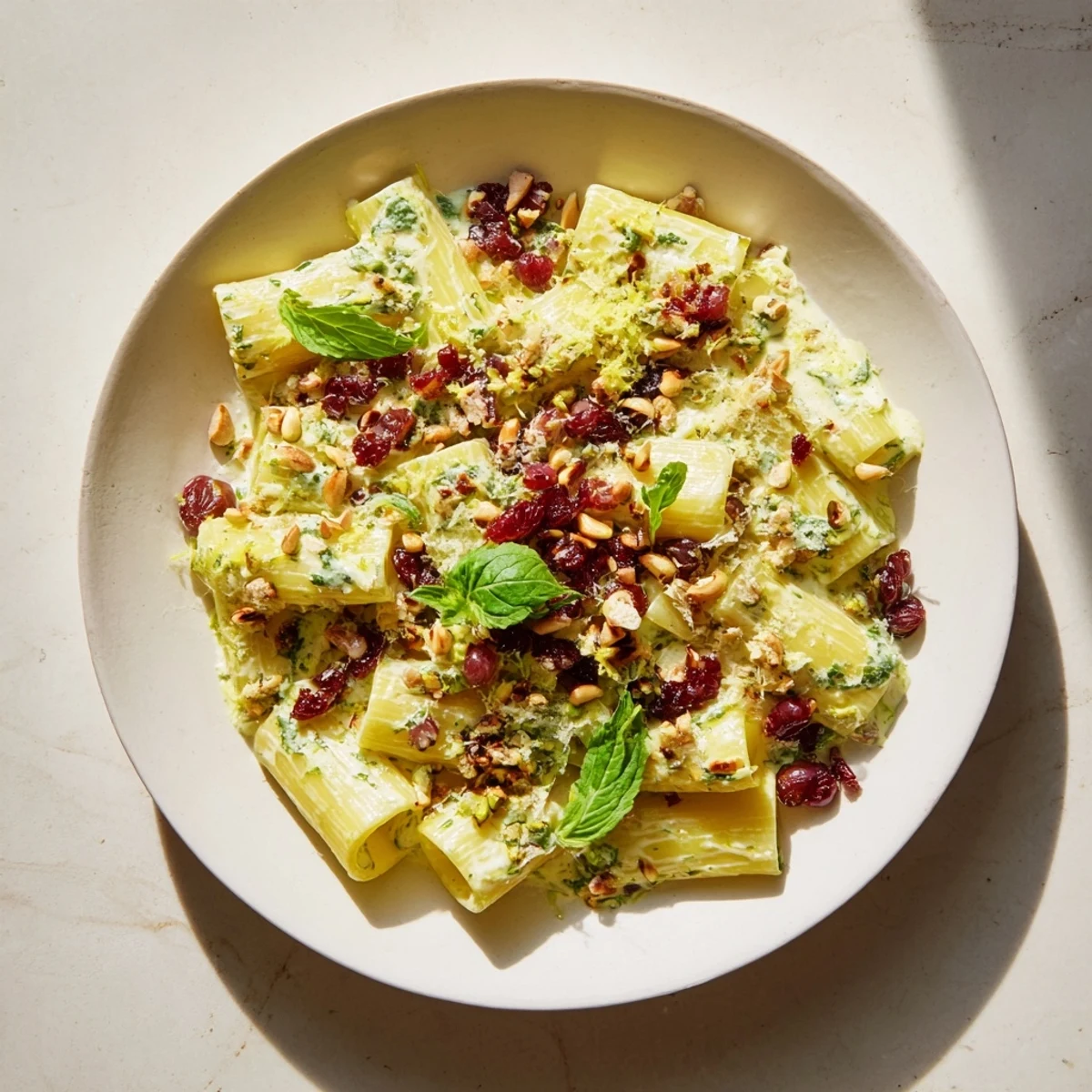 A close-up view of Pasta with Roasted Grapes, vibrant with fresh herbs and creamy ricotta.