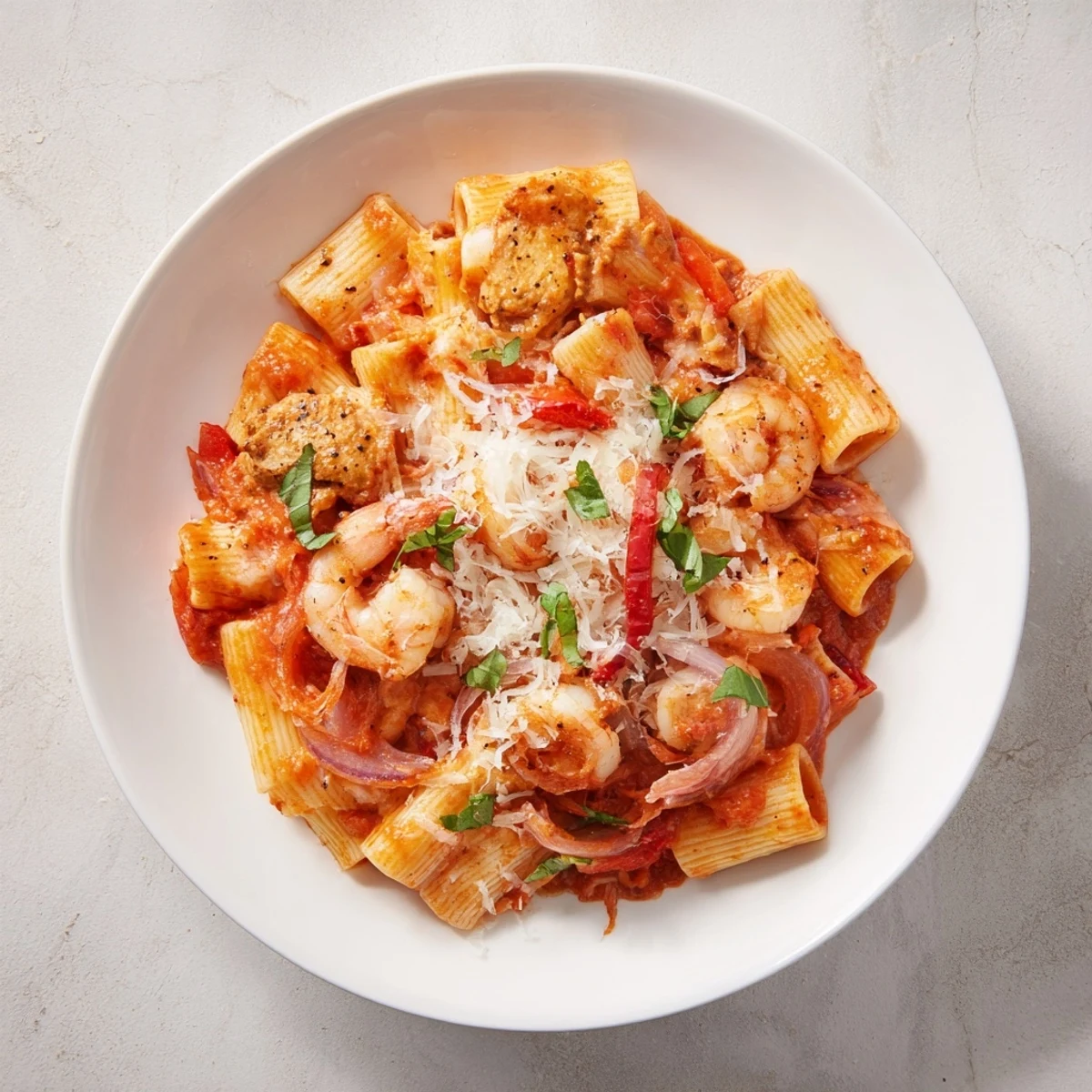 One-Pot Diavola Pasta features vibrant red sauce, plump shrimp, and perfectly cooked chicken.
