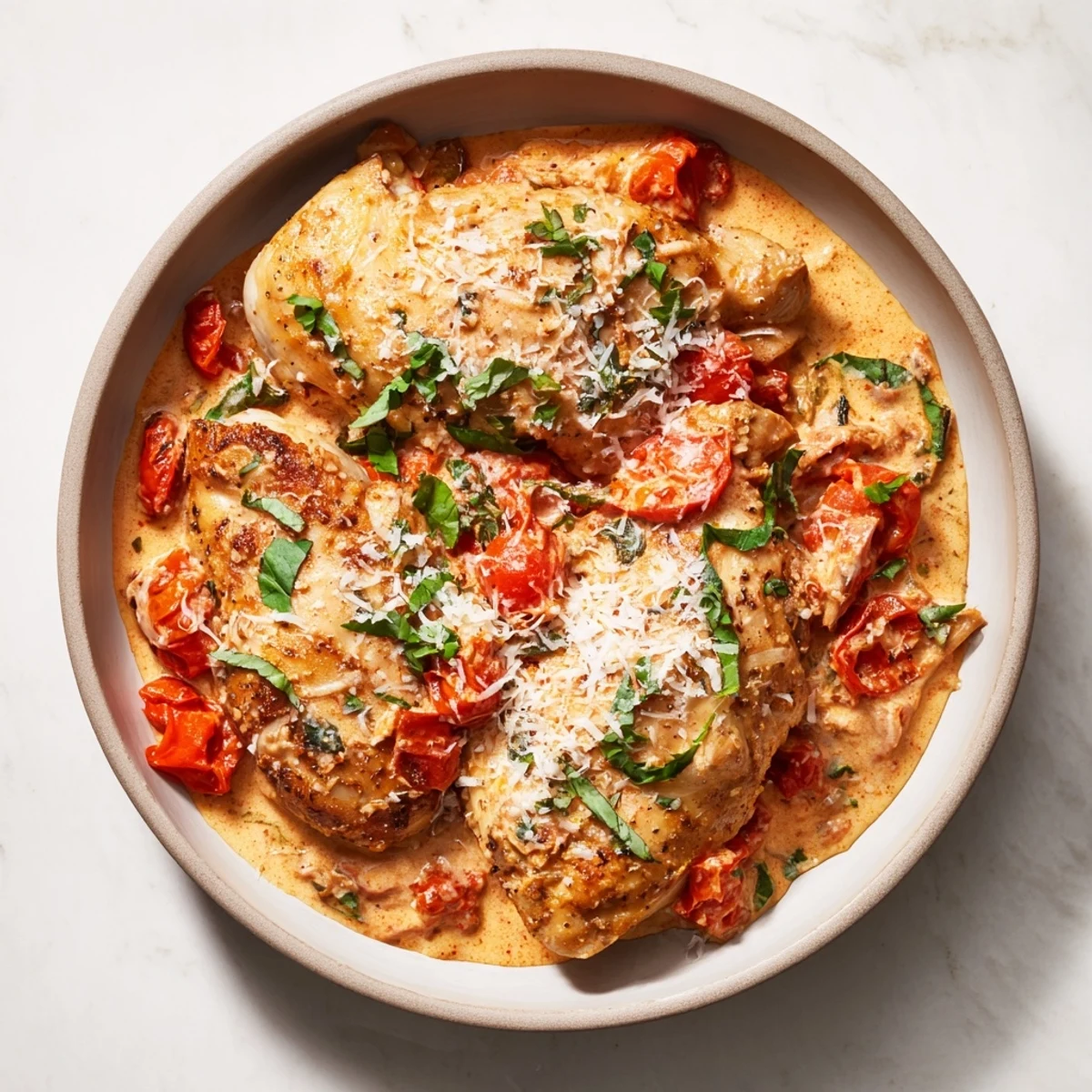 Creamy Marry Me Chicken with a Parmesan "snow" garnish, ready to serve on a white plate.