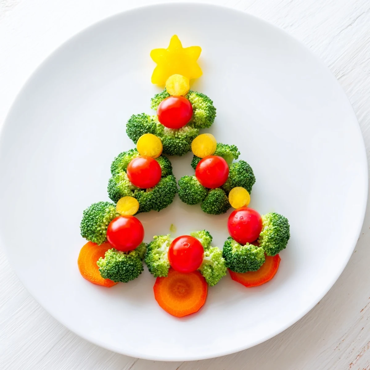 Fresh Broccoli Tree with cherry tomato "ornaments," a festive veggie platter ready to serve.